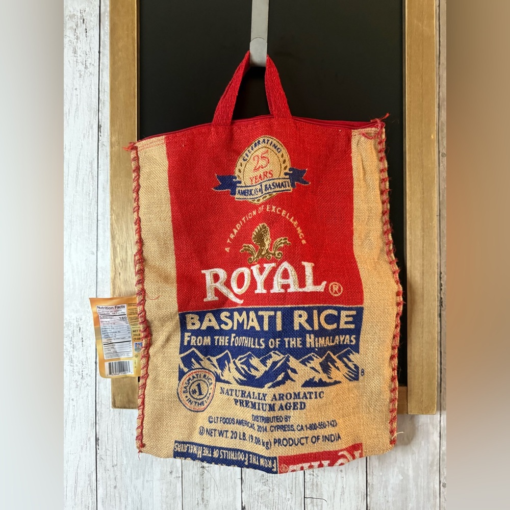 Royal Basmati Rice Bag 20lbs Burlap w Handles Zipper 25th Anniversary - no rice